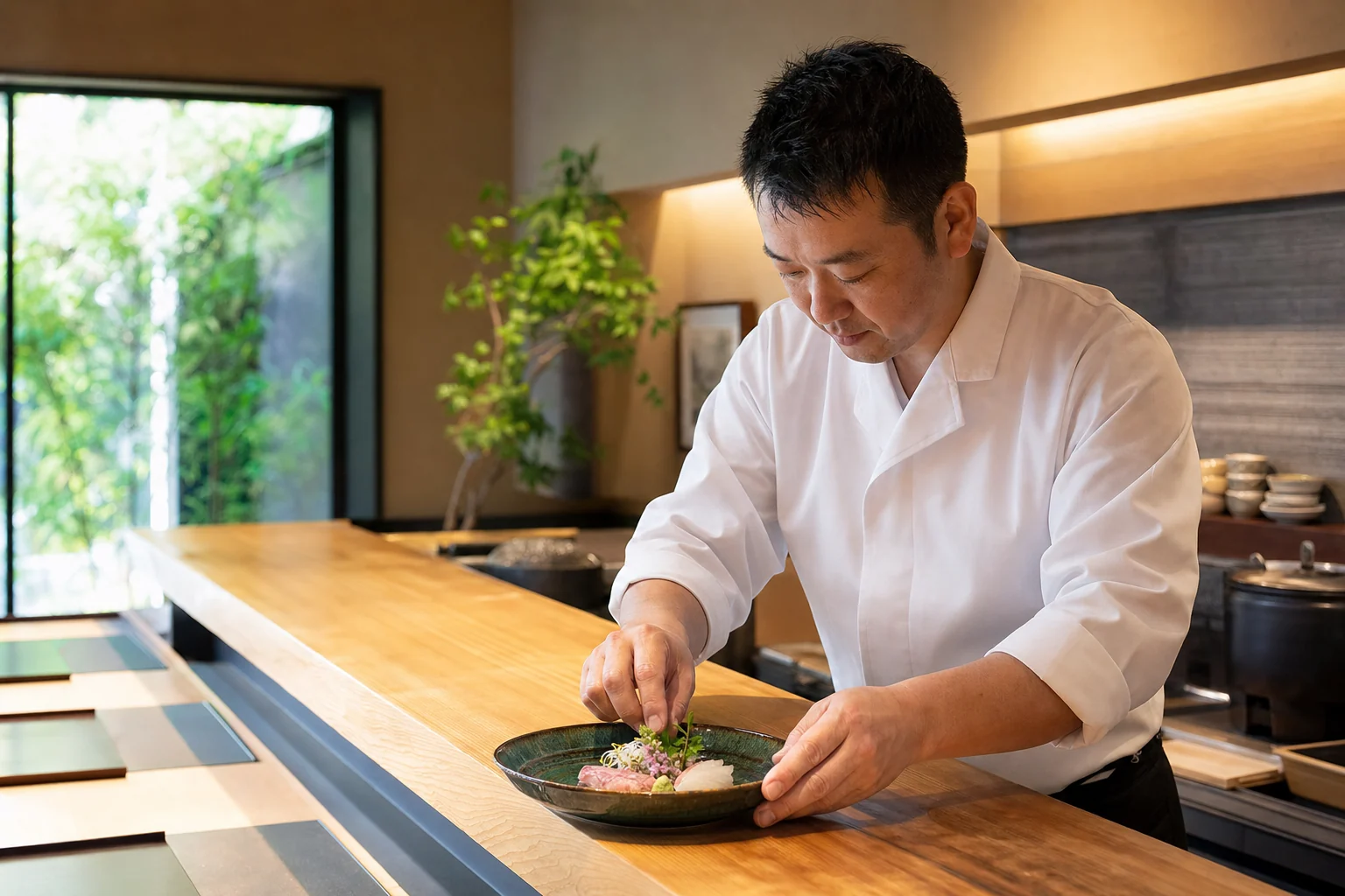 料理を丁寧に仕上げる店主