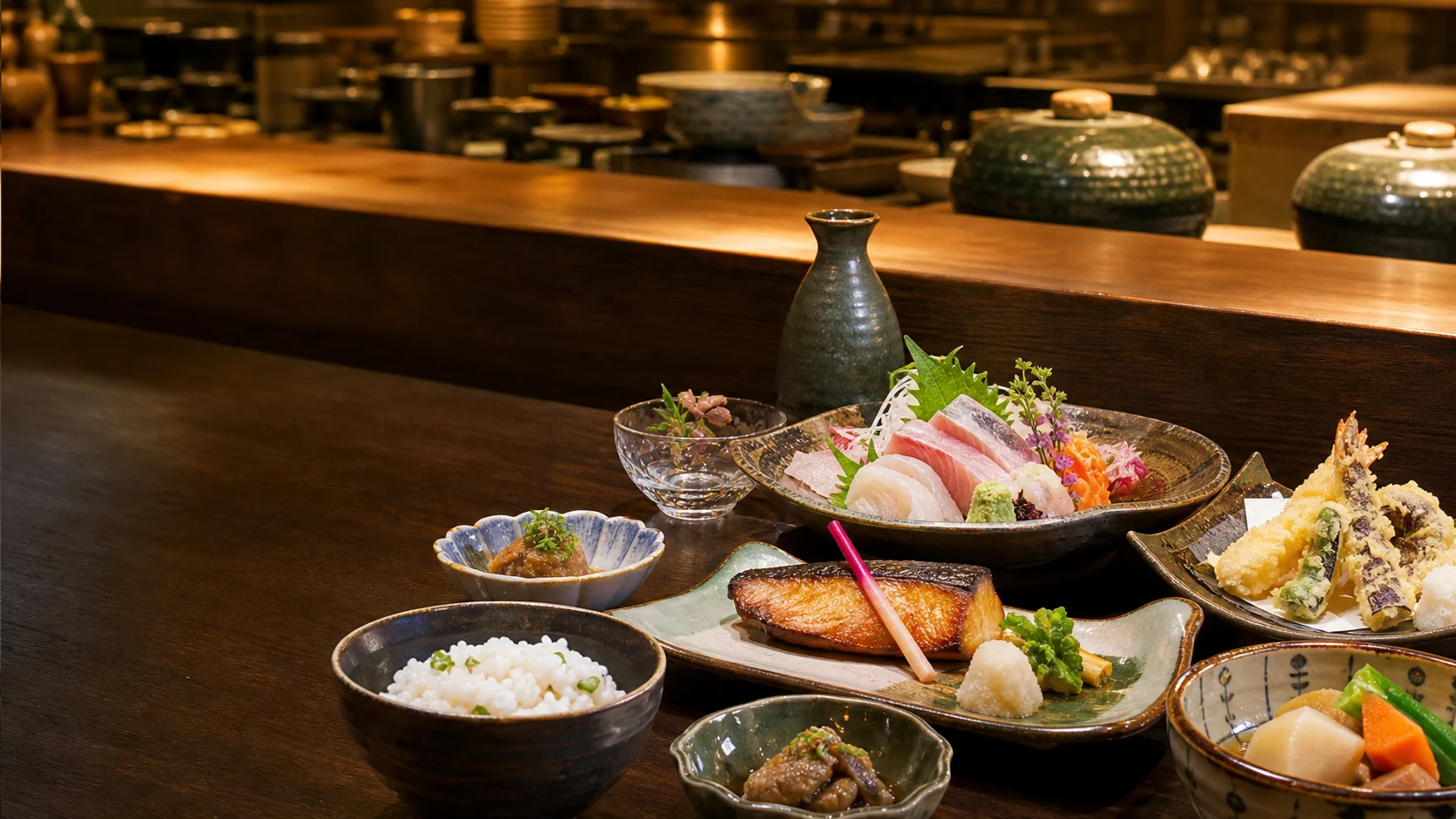季節の日本料理が並ぶレストランのサンプル